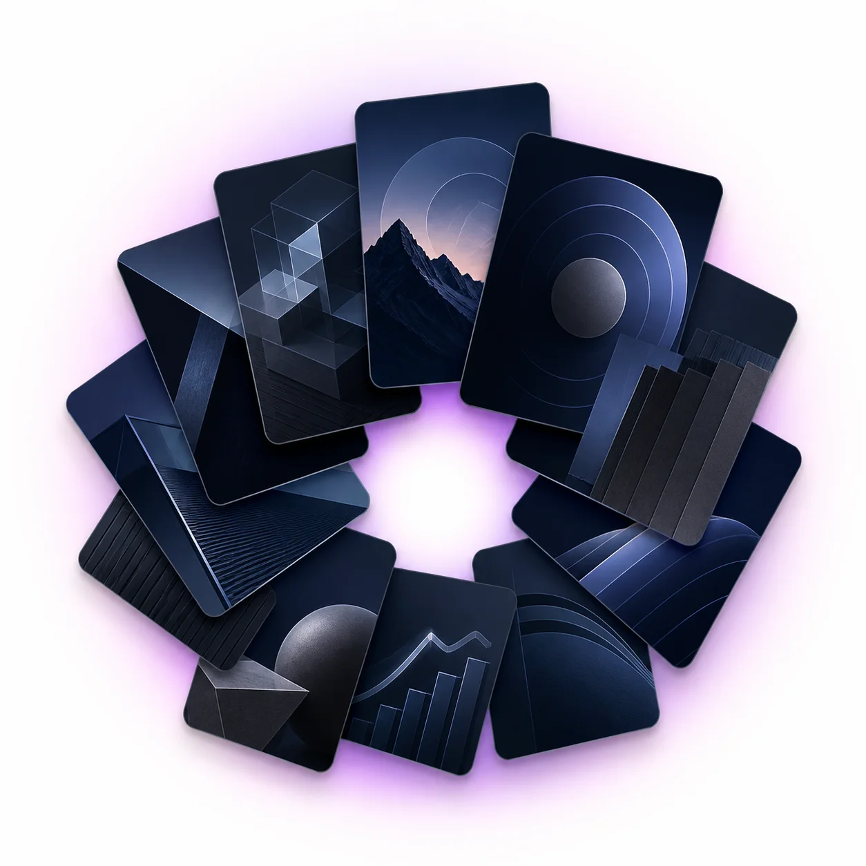 Abstract dark ad-creative cards fanned around the AdLibrary.net layered-stack mark